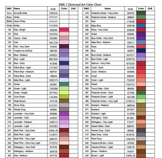 Printable pdf dmc color charts diamond painting drill color card painting with diamonds