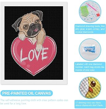 Pug dog lover valentine puppy diamond painting kits for adult round full drill pictures art craft for home wall decor home