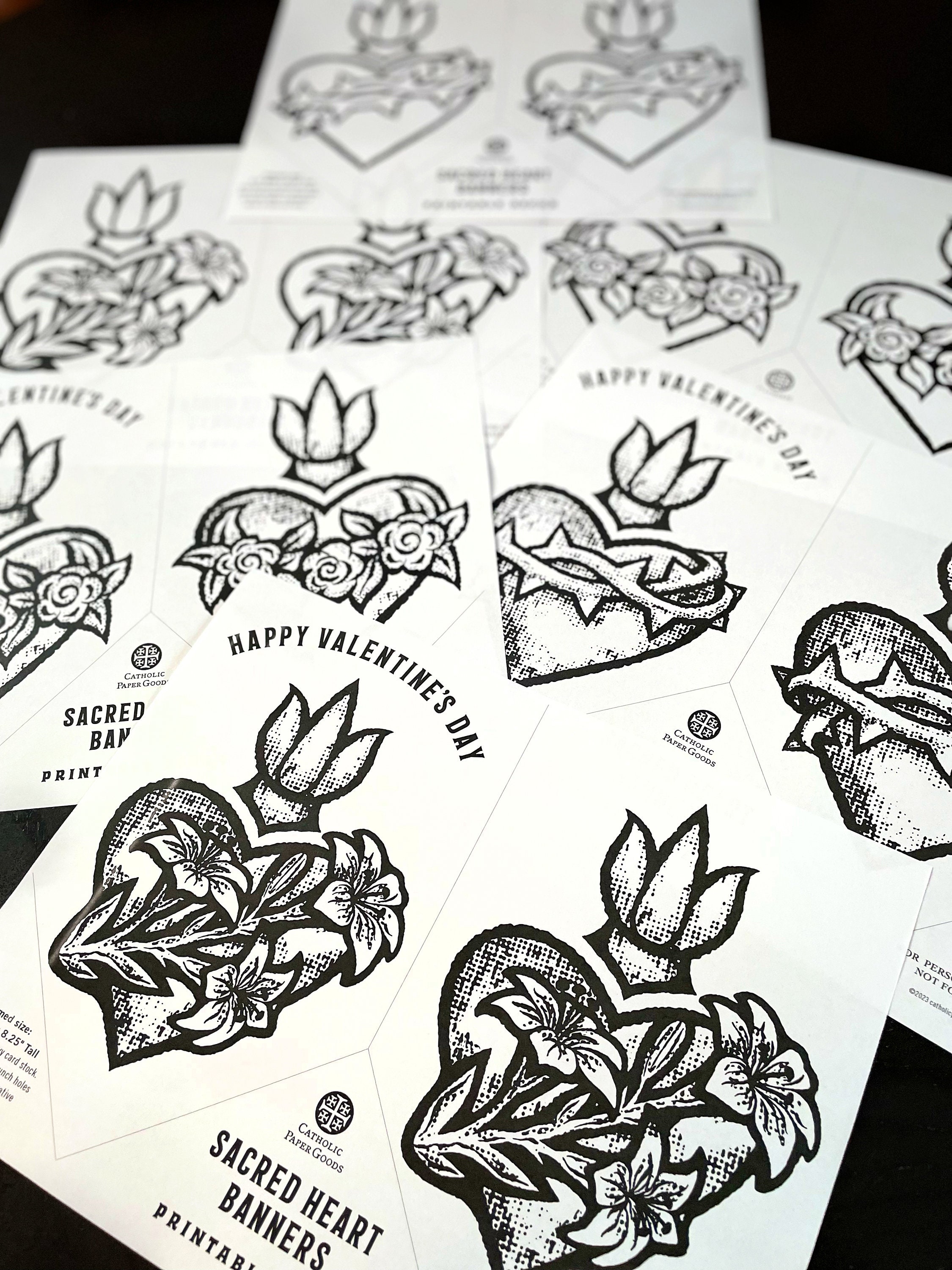 Sacred hearts coloring page valentines day banners printable banners valentine party decor sacred heart banners bw sacred heart of jesus