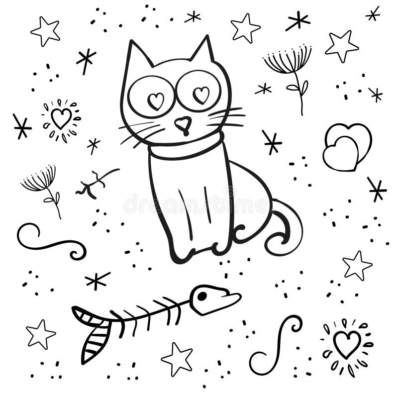 Pet cat with hearts in the eyes vector illustration illustration isolated cartoon vector doodle illustration coloring page stock vector