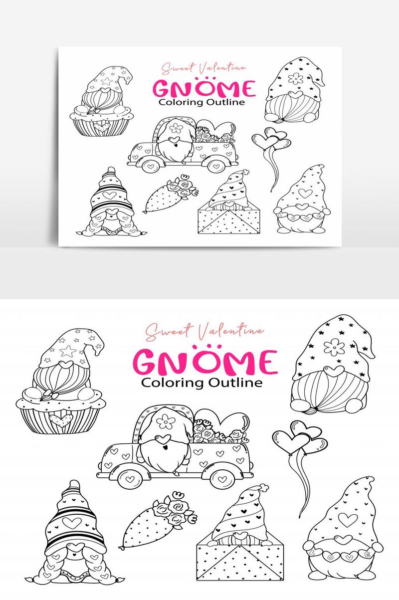 Cute valentine gnome coloring outline collectionsweet valentine digital stamp setgnome png images psd free download