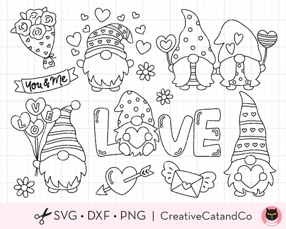 Valentine gnomes outline coloring svg png outlined gnome with heart gnome couple kid party coloring activity svg dxf png clipart