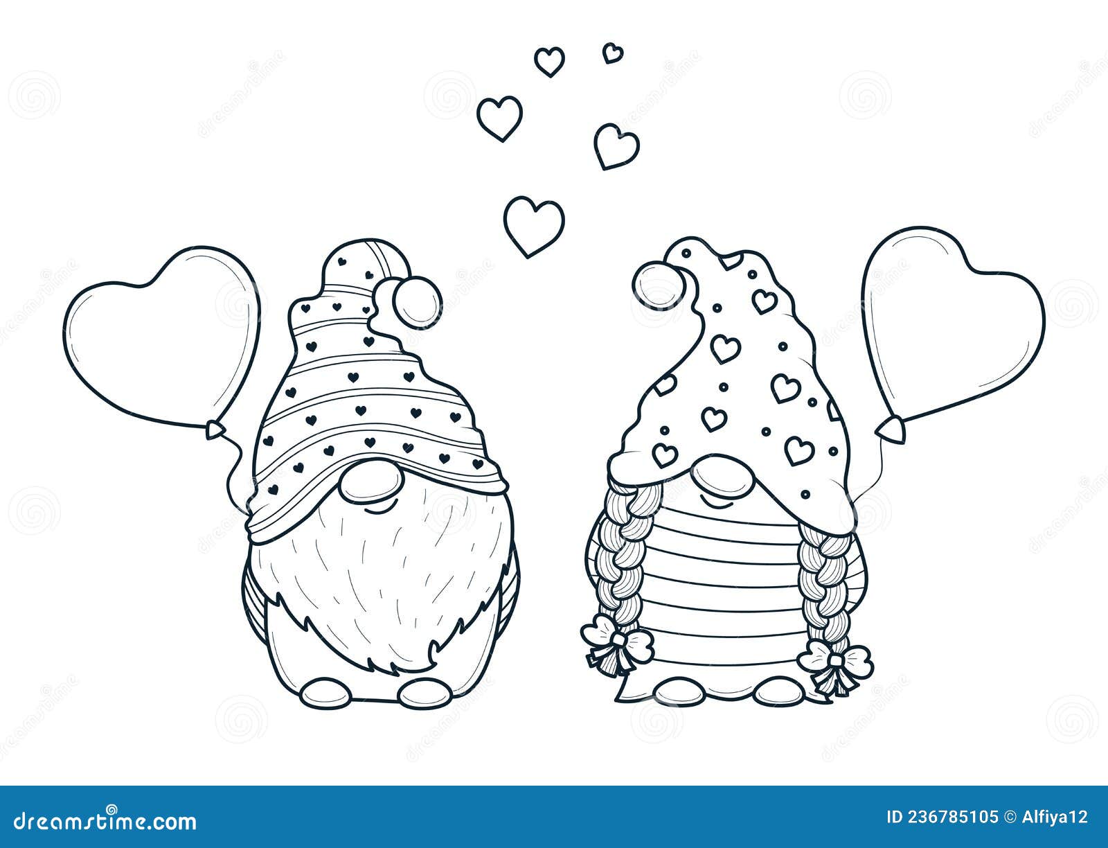 Cute valentine gnomes gnomes with balloon hearts for coloring bookline art design for kids coloring page stock illustration