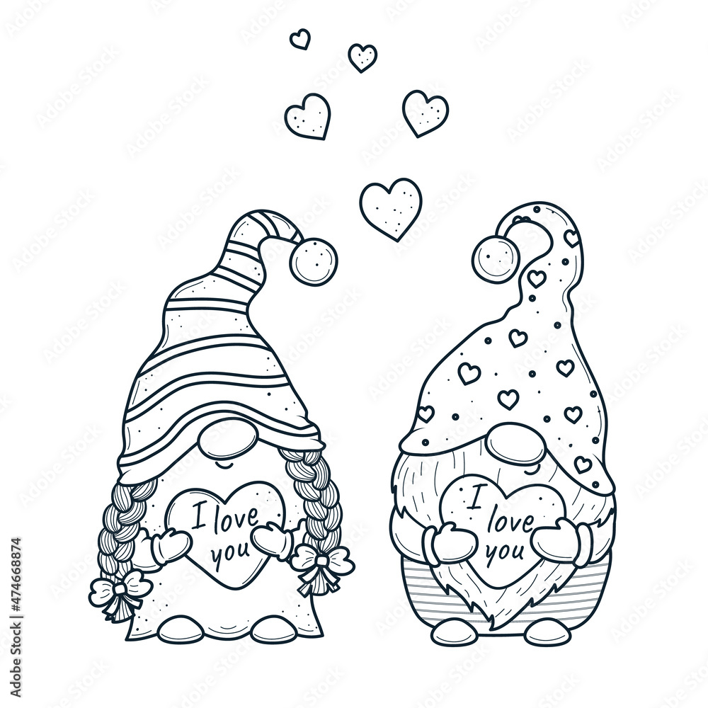 Cute valentine gnomes gnomes with hearts for coloring bookline art design for kids coloring page vector