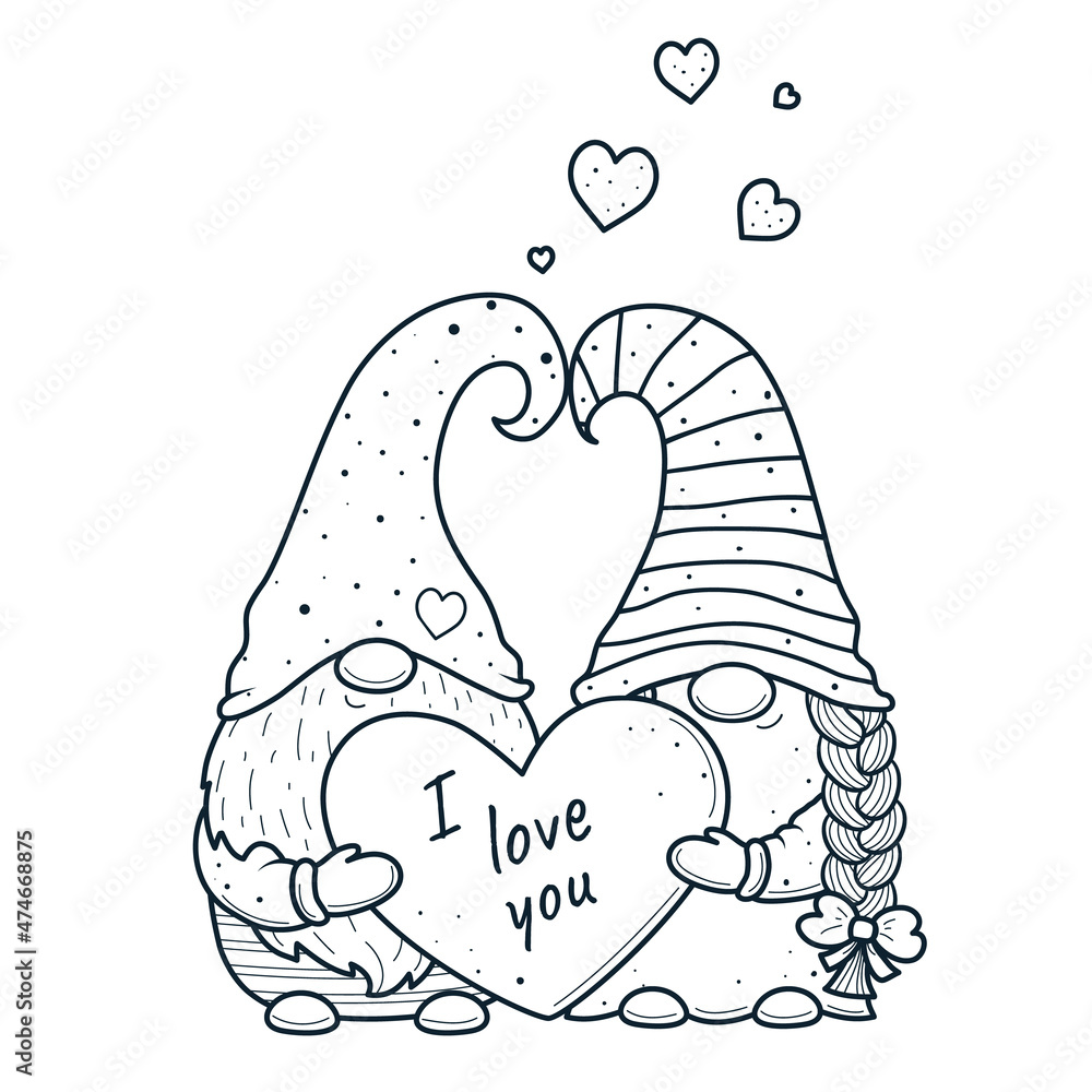 Cute valentine gnomes gnomes with hearts for coloring bookline art design for kids coloring page vector