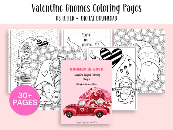 Valentine gnome coloring pages for adults and kids digital download coloring printable valentine coloring pages us letter size pdf print