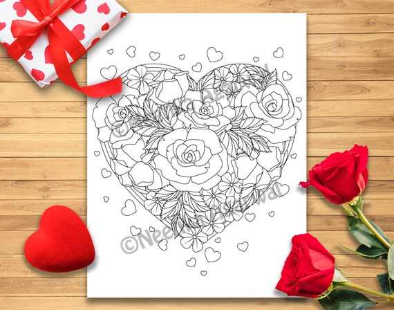 Rose heart valentine adult coloring page valentines day coloring page printable coloring page digital download