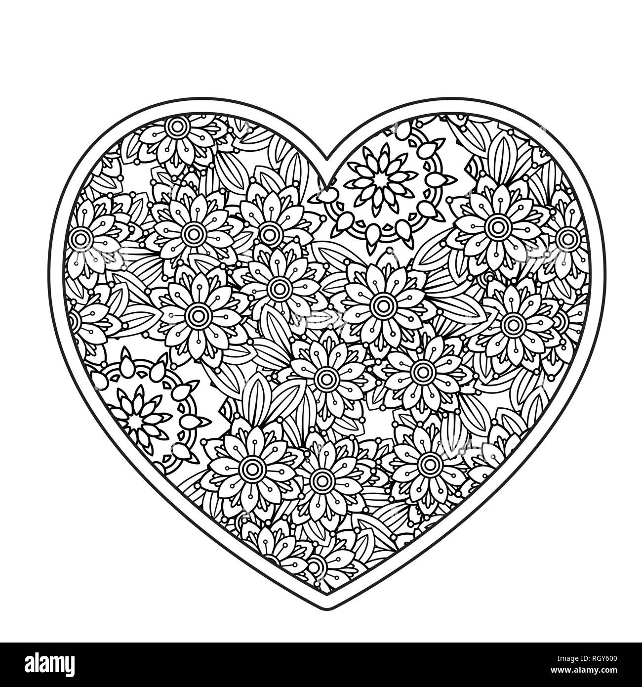 Heart with floral pattern valentines day adult coloring page vector illustration isolated on white background stock vector image art