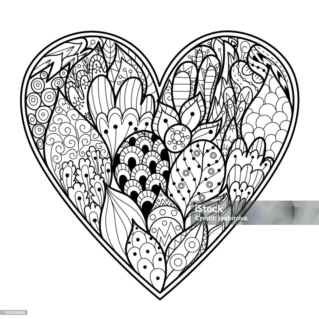 Doodle heart coloring page black and white valentines day pattern stock illustration