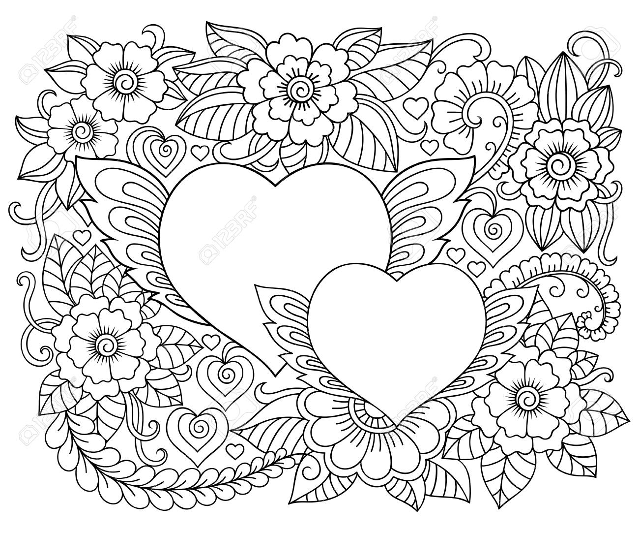 Illustration of flowers and heart for valentines day floral pattern for coloring book doodle pattern in black and white royalty free svg cliparts vectors and stock illustration image
