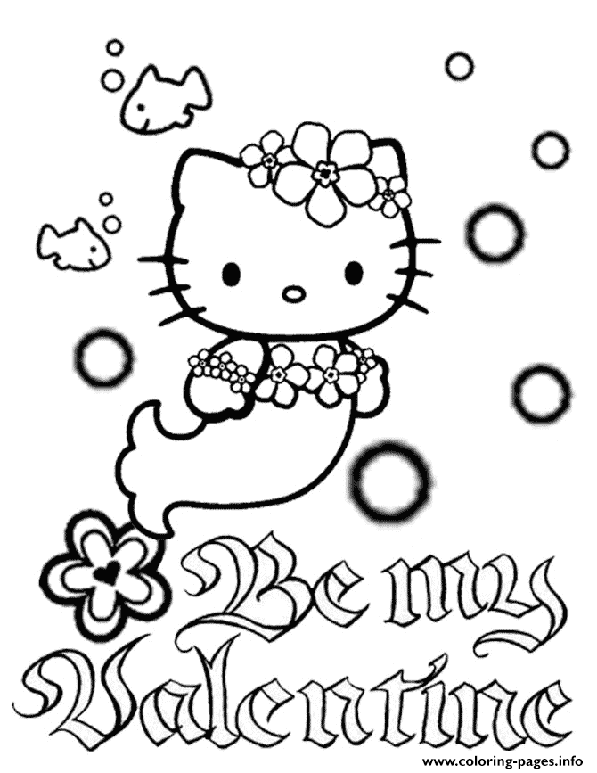 Hello kitty mermaid bubbles and flower valentines coloring page printable
