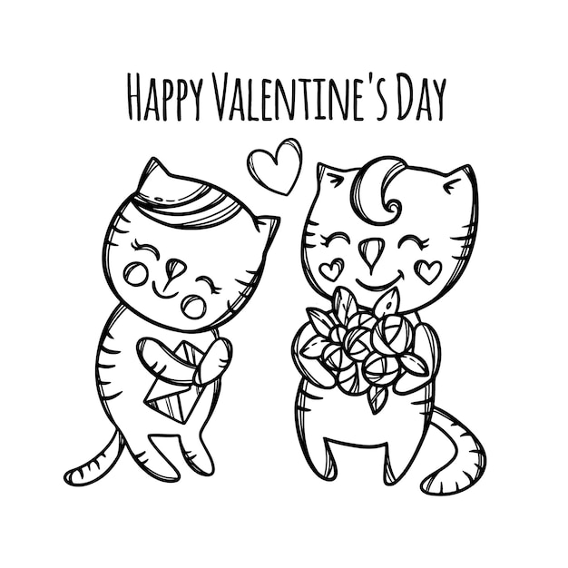 Premium vector cat gives flowers to her beloved kitty happy valentines day cartoon animals monochrome hand drawn illustration