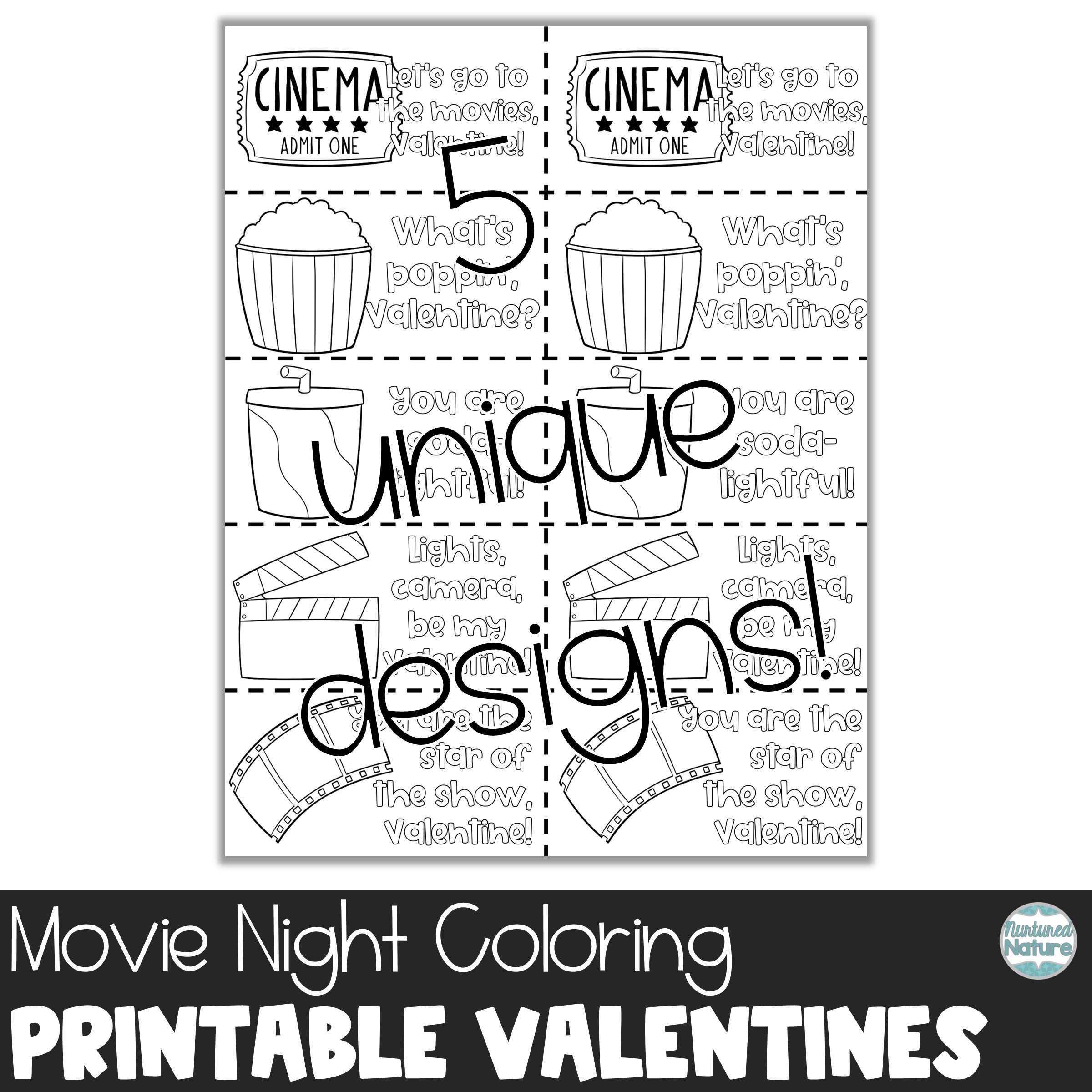 Movie night coloring valentines day cards printable made by teachers