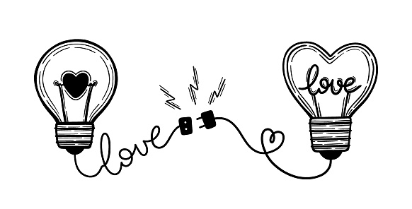 Vector light bulbs with heart and love text inside light bulb with electric wire with plug and socket spark of passion ready to connect stock illustration