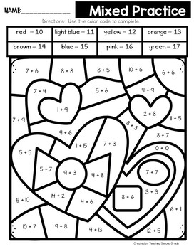Valentines day color by code addition facts