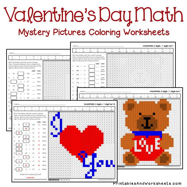 Valentines day math mystery pictures coloring worksheets bundle