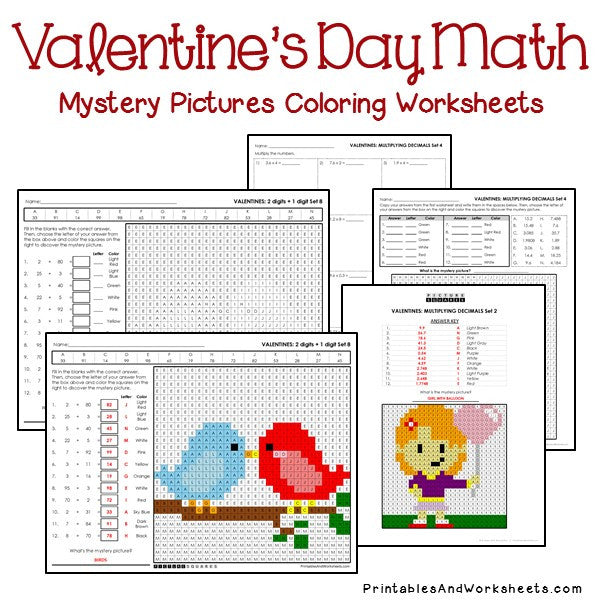 Valentines day math mystery pictures coloring worksheets bundle