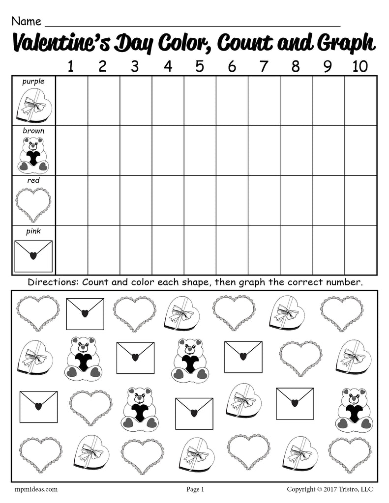 Printable valentines day color count and graph worksheet â