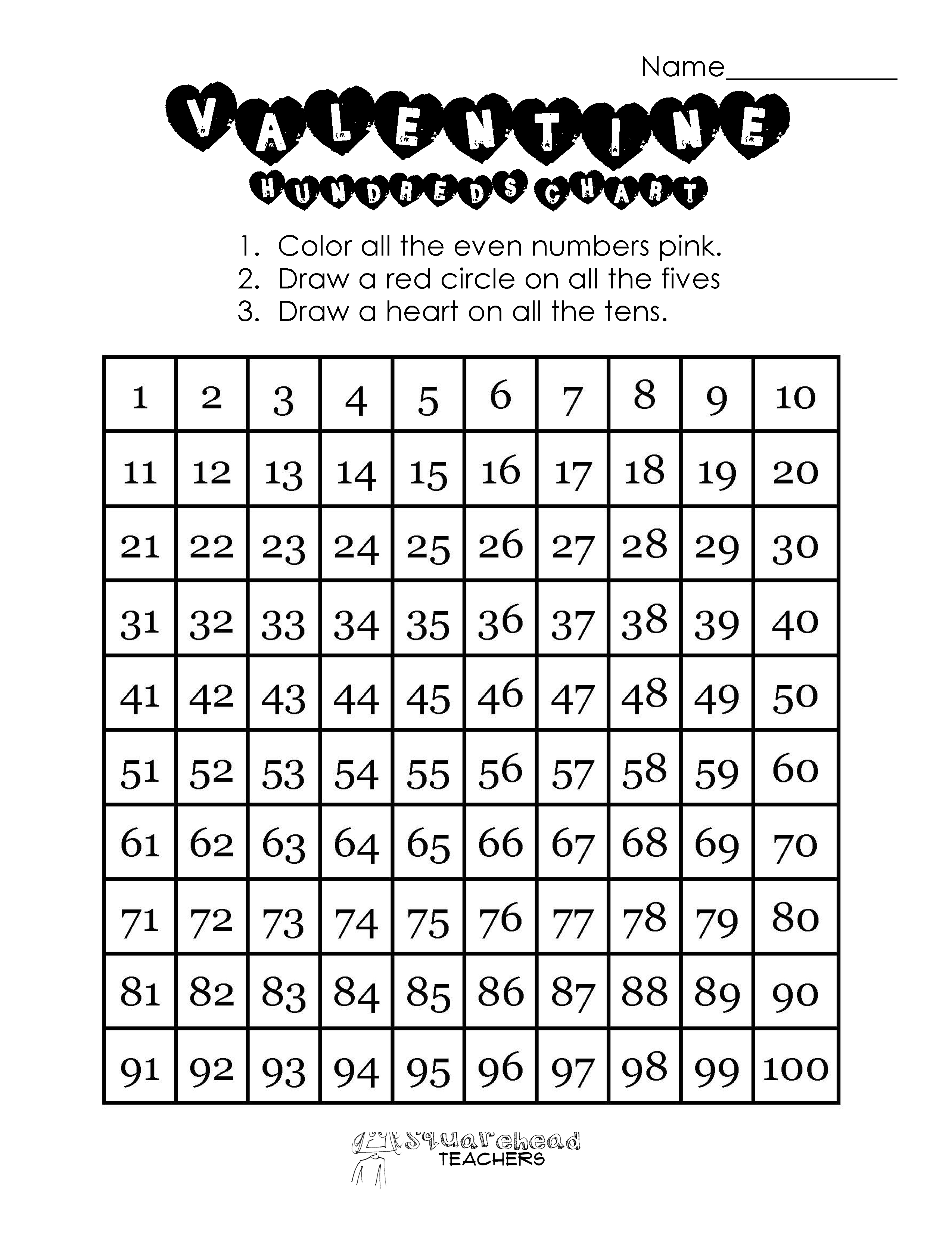 Valentines hundreds chart for upper and lower grades squarehead teachers
