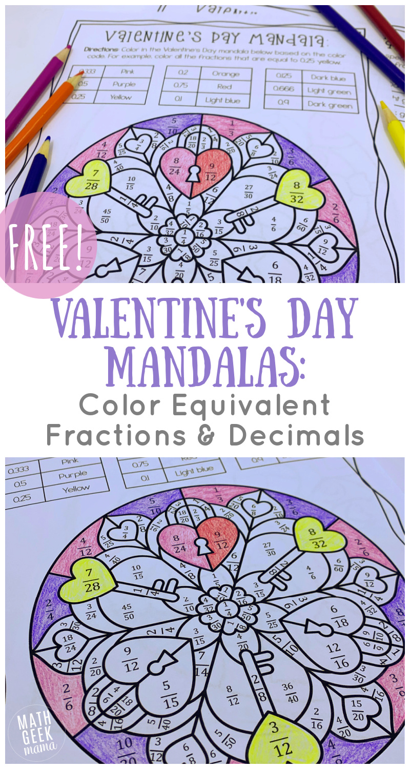 Valentines day color by code equivalent fractions decimals free