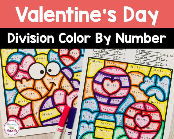 Valentines day division color by number worksheets math coloring pages