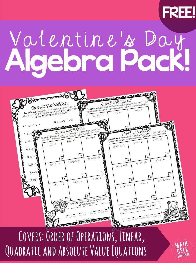 Valentines day algebra practice pack free