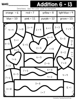 Valentines day color by code addition facts