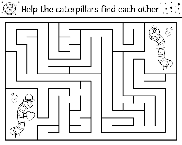 Premium vector saint valentine day black and white maze for children holiday preschool printable activity funny line game with insects romantic puzzle or coloring page help the caterpillars find each other
