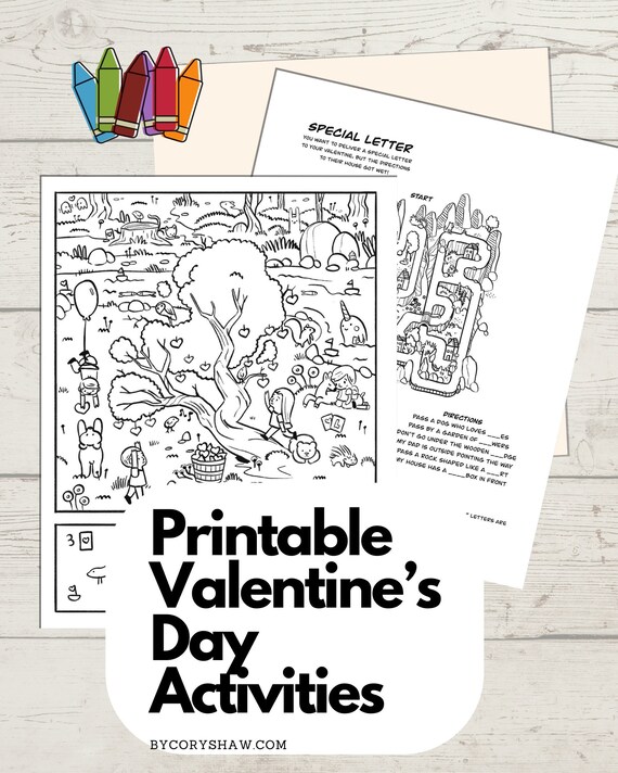 Valentines day activities printable coloring page search and find game maze game secret word