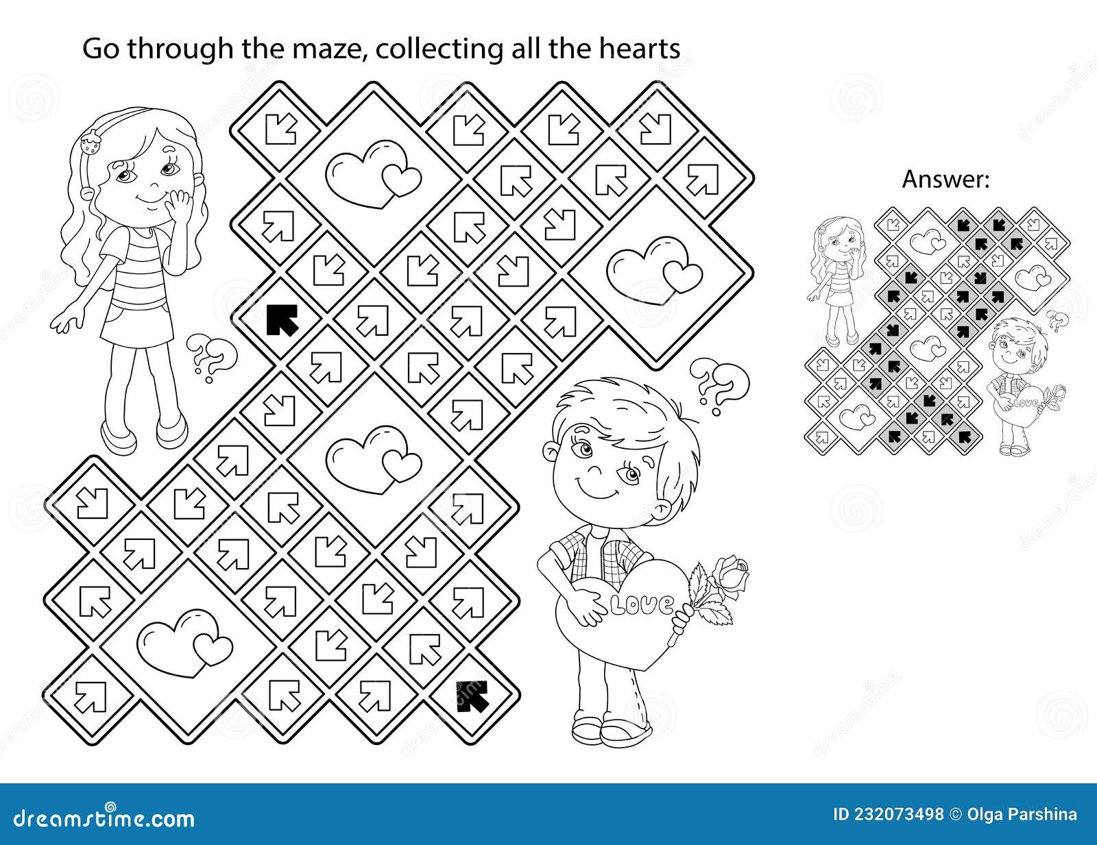 Maze or labyrinth game puzzle coloring page outline of cartoon boy with heart and cute girl valentines day stock vector