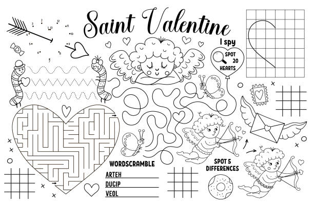 Vector saint valentine placemat for kids love holiday printable activity mat with maze tic tac toe charts connect the dots find difference black and white play mat or coloring page stock illustration