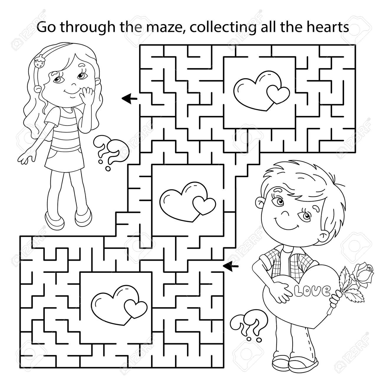 Maze or labyrinth game puzzle coloring page outline of cartoon boy with heart and cute girl valentines day coloring book for kids royalty free svg cliparts vectors and stock illustration image
