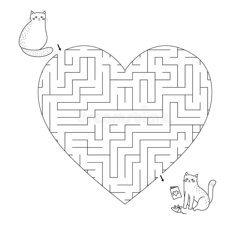 Heart shape maze game for kids saint valentine s day coloring page stock illustration