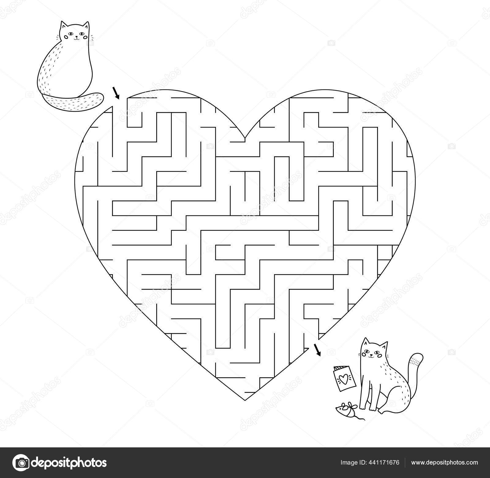 Heart shape maze game for kids saint valentines day coloring page hand drawn doodle cats with gifts printable labyrinth worksheet stock vector by kristina