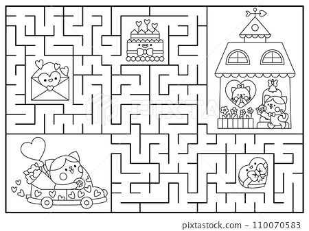 Saint valentine black and white maze for kids
