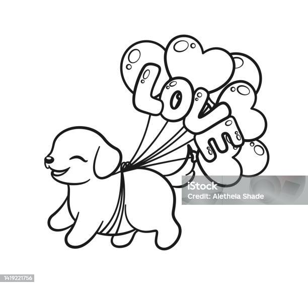 Puppy with valentines day balloons line art illustration coloring book page activity for kids stock illustration