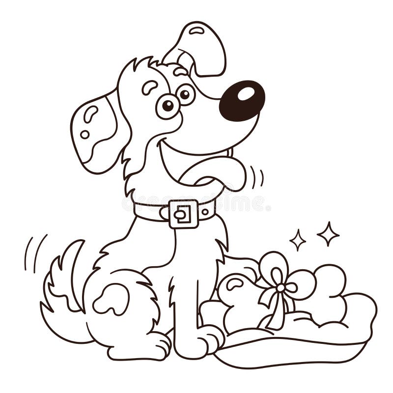 Coloring page outline of cartoon dog with bone greeting card birthday valentines day stock vector