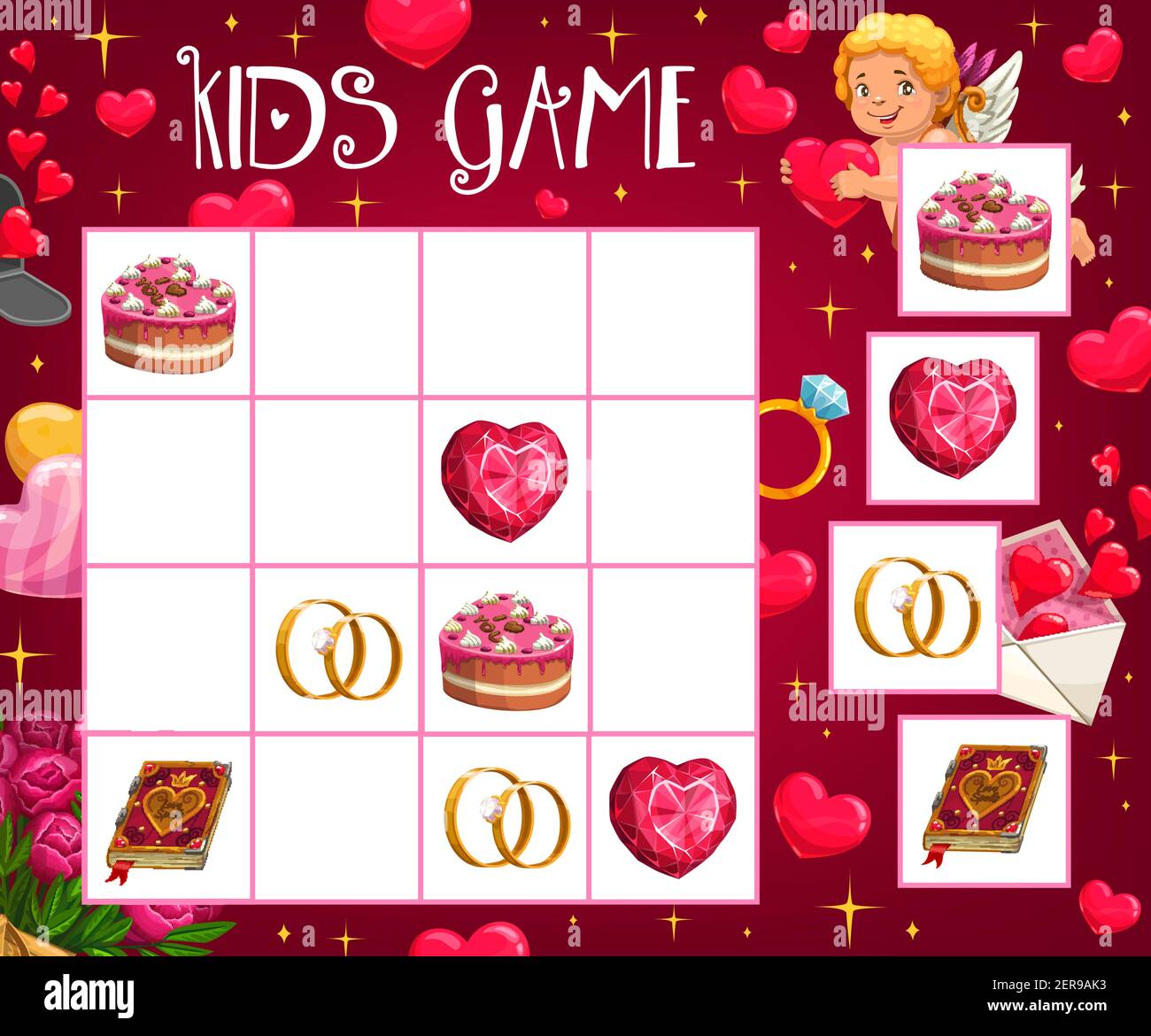Saint valentine day child crossword game with love symbols children logical riddle or rebus kids math puzzle cake and gem in heart shape wedding r stock vector image art