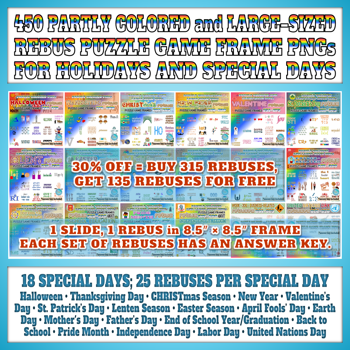 Partly colored rebuses for holidays and special days made by teachers