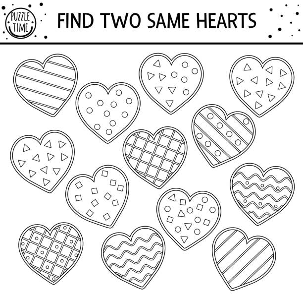 Find two same hearts holiday black and white matching activity for children funny educational saint valentine day logical quiz worksheet for kids simple printable game or coloring page stock illustration