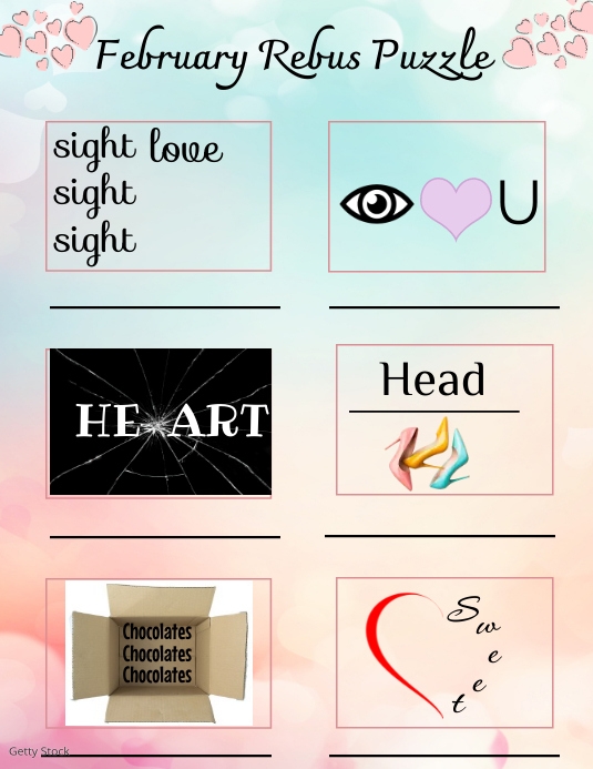 February valentine puzzle game rebus puzzle template