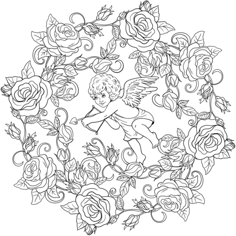 St valentine mandala with cupid coloring page free printable coloring pages