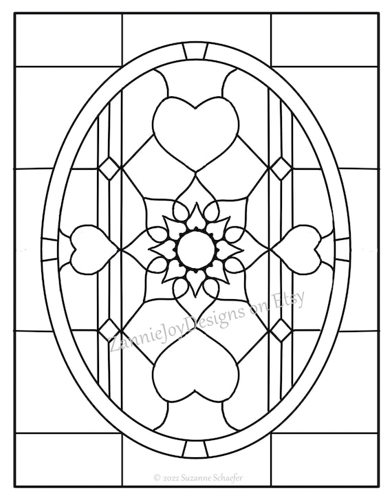 Stained glass pattern hearts pattern valentine instant download printable pdf coloring page digital file