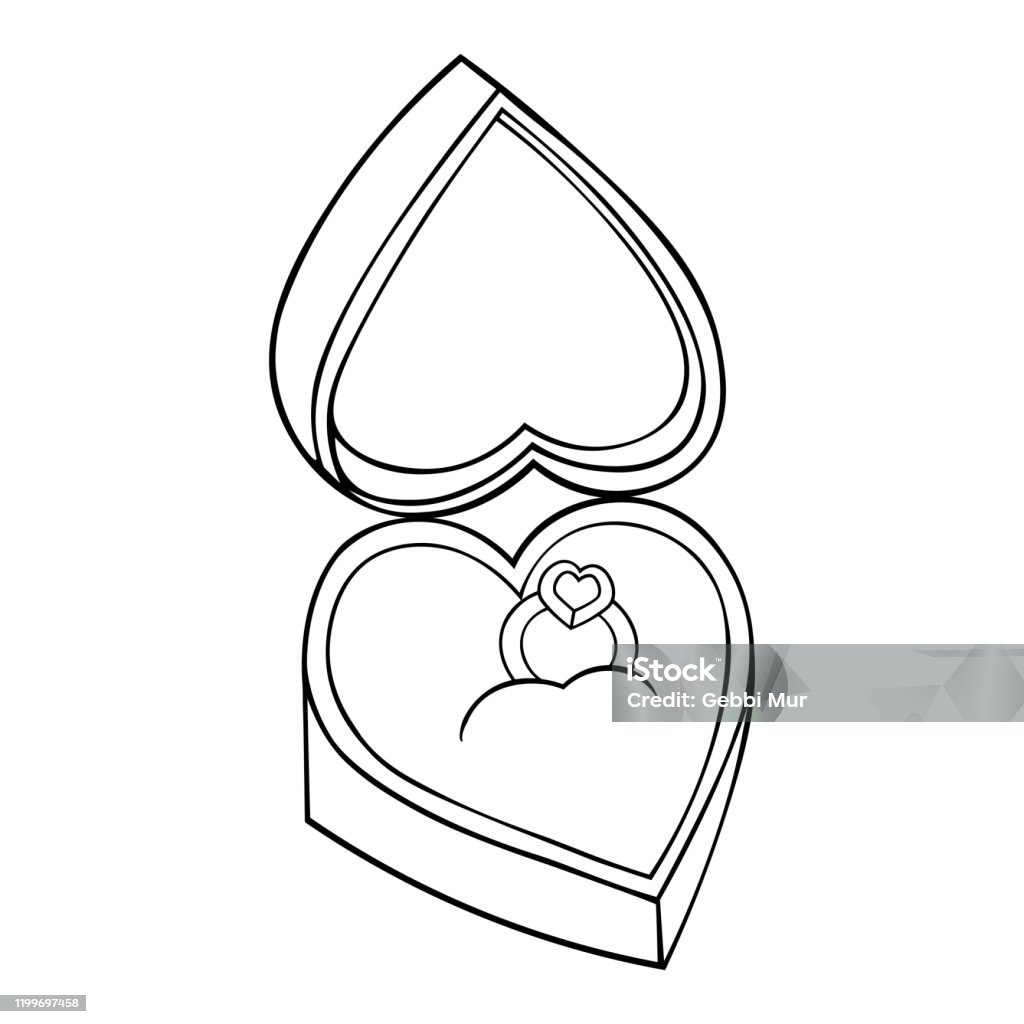 Ring with a precious stone in a boxcase for decoration in the form of a heart outline on an isolated background vector stock illustration coloring book for children and adults valentine day