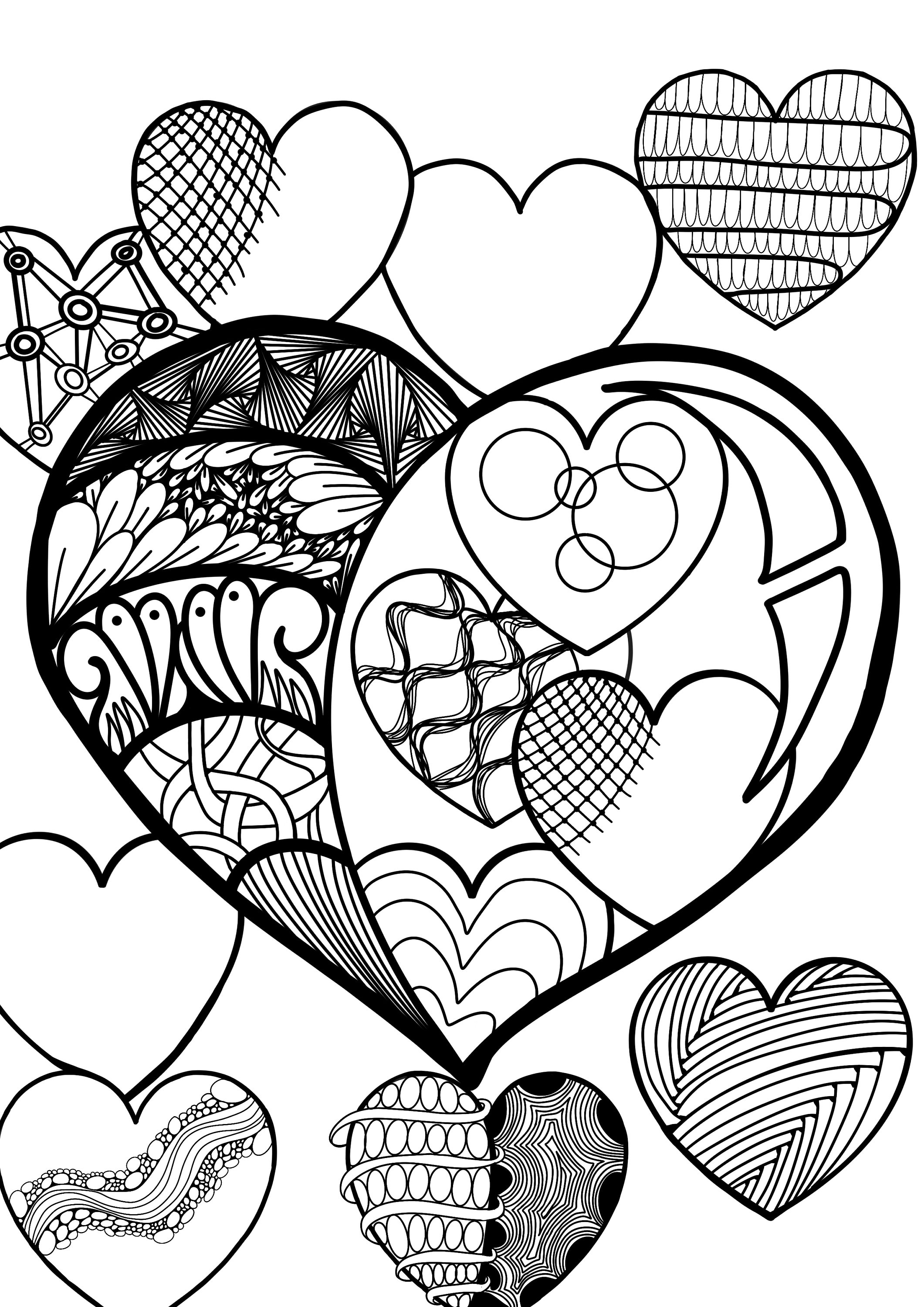 A digital downloadable adult colouring page valentines heart doodle