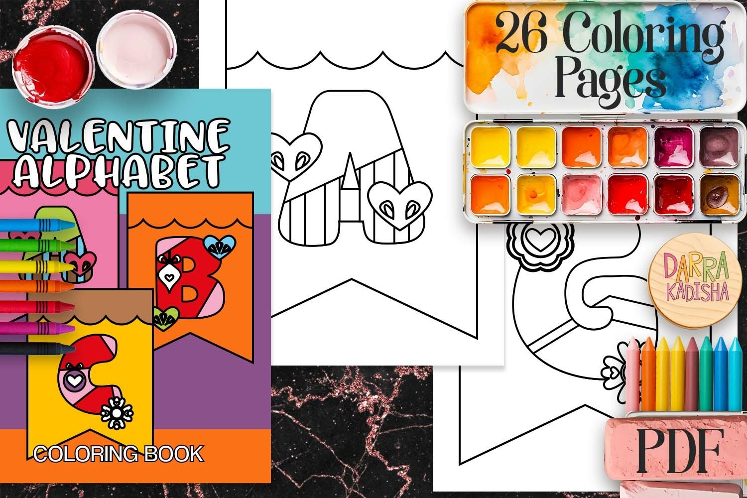 Valentine alphabet banner coloring book