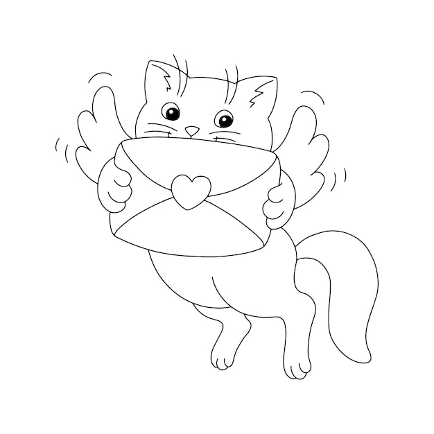 Premium vector cat with a love letter coloring book page for kids cartoon style character valentines day