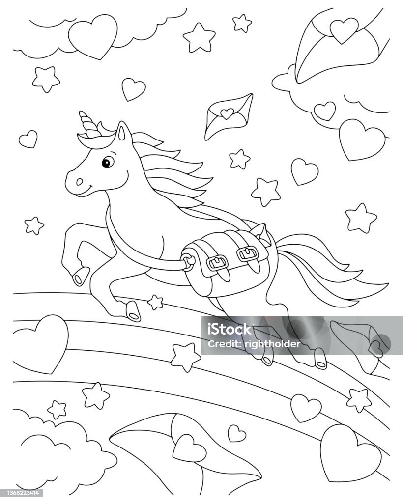 Unicorn postman delivers letters coloring book page for kids valentines day cartoon style character vector illustration isolated on white background stock illustration
