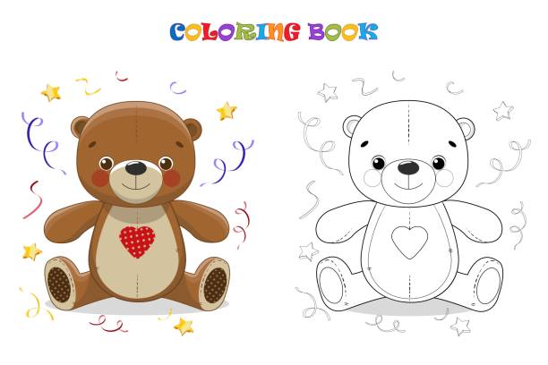 Cartoon teddy bear with stars coloring page and colorful clipart stock illustration
