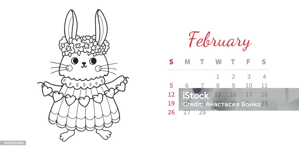 February horizontal calendar page with cute outline bunny rabbit with hearts garland saint valentine day chinese new year symbol coloring book vector illustration stock illustration